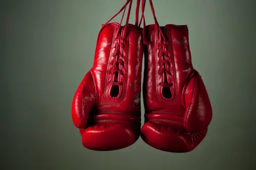 Boxing gloves hanging from laces on a grey background.